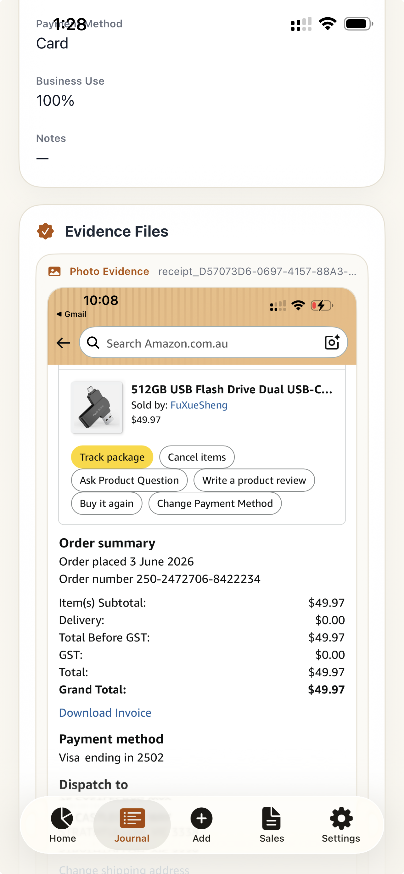 Receipt evidence screenshot