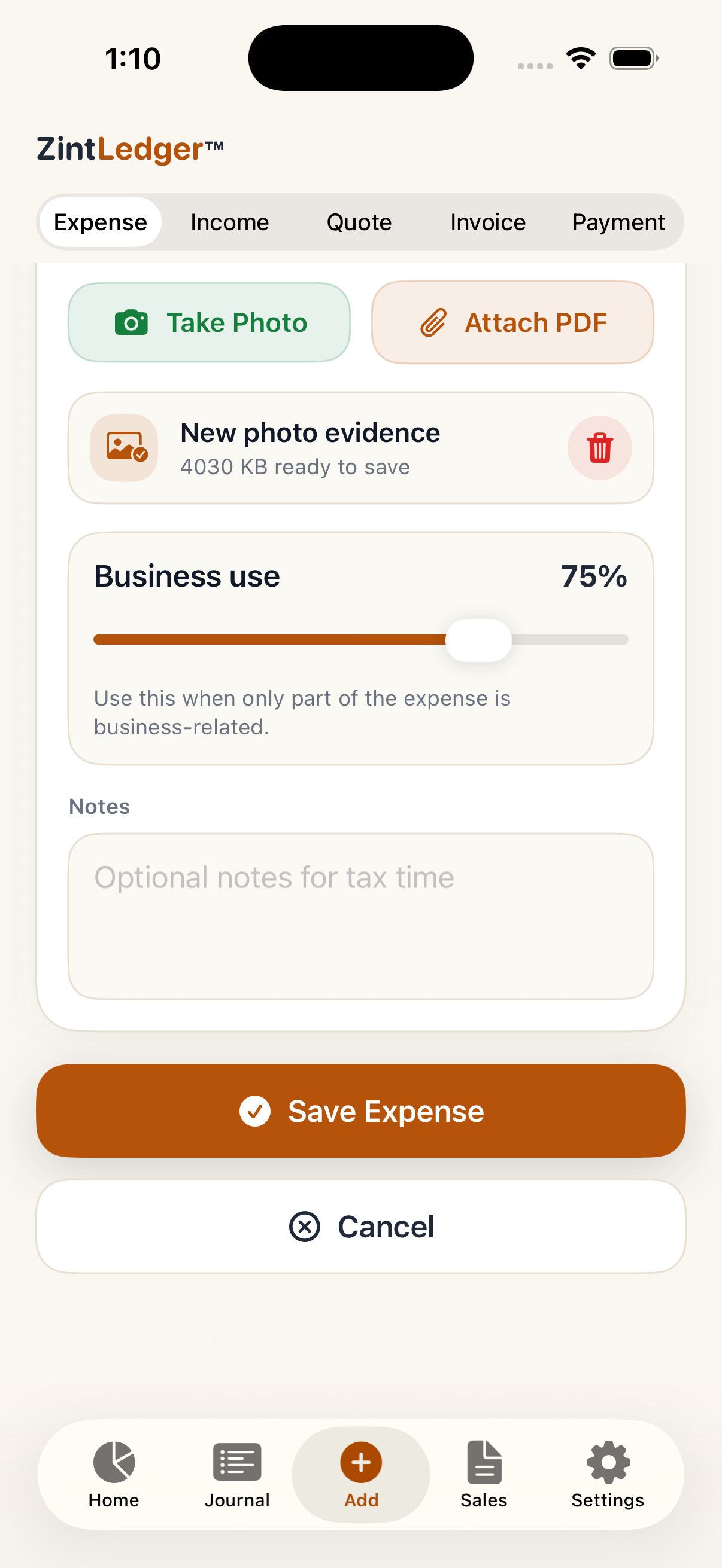 Business-use percentage screenshot