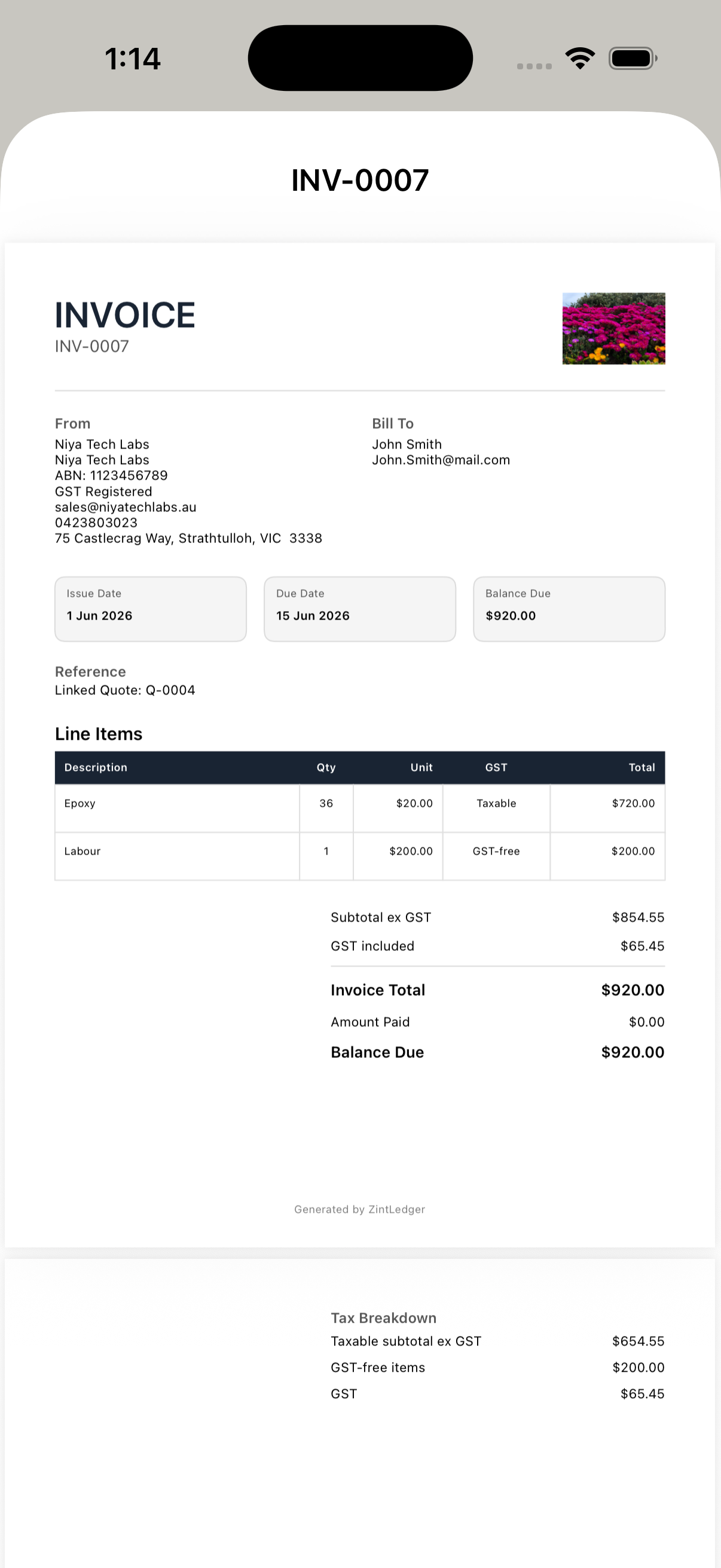 Quotes and invoices screenshot